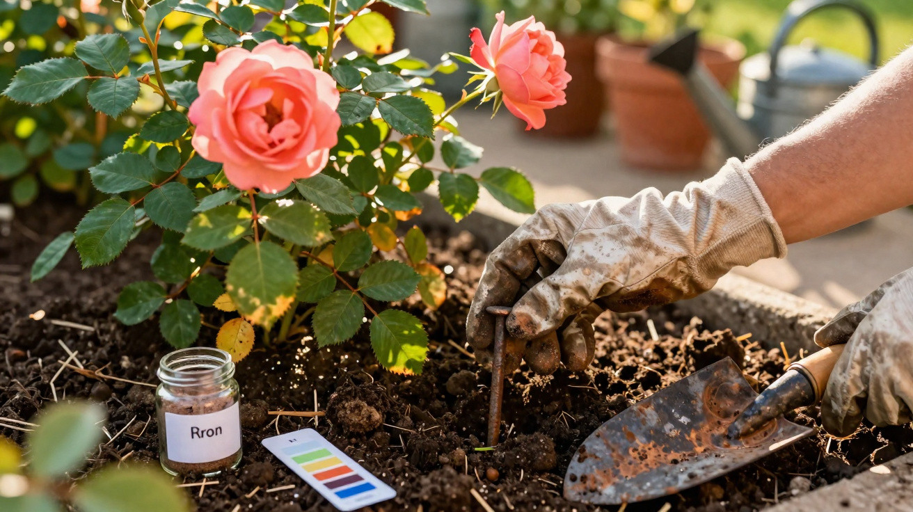 Gloved hands testing soil in a garden bed with pink roses, a soil sample jar, and a pH test strip.