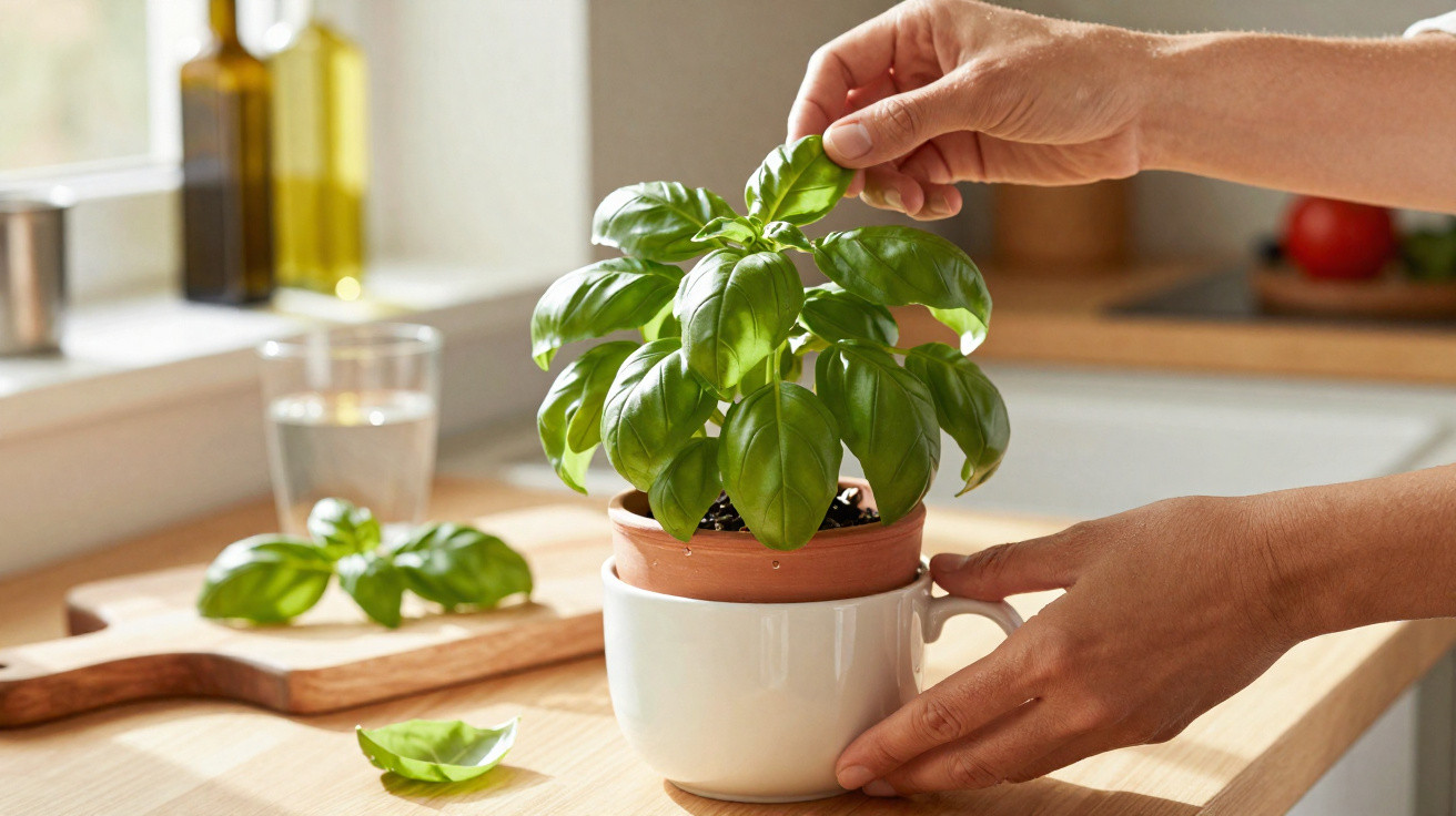 Hands tending to a healthy basil plant growing in a pot on a wooden kitchen countertop.