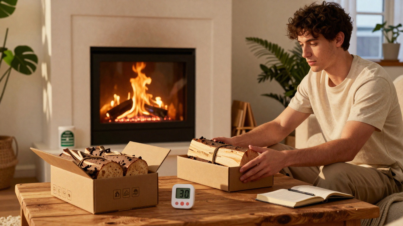 Young man packing firewood into a box beside a roaring fireplace in a cosy room with plants.