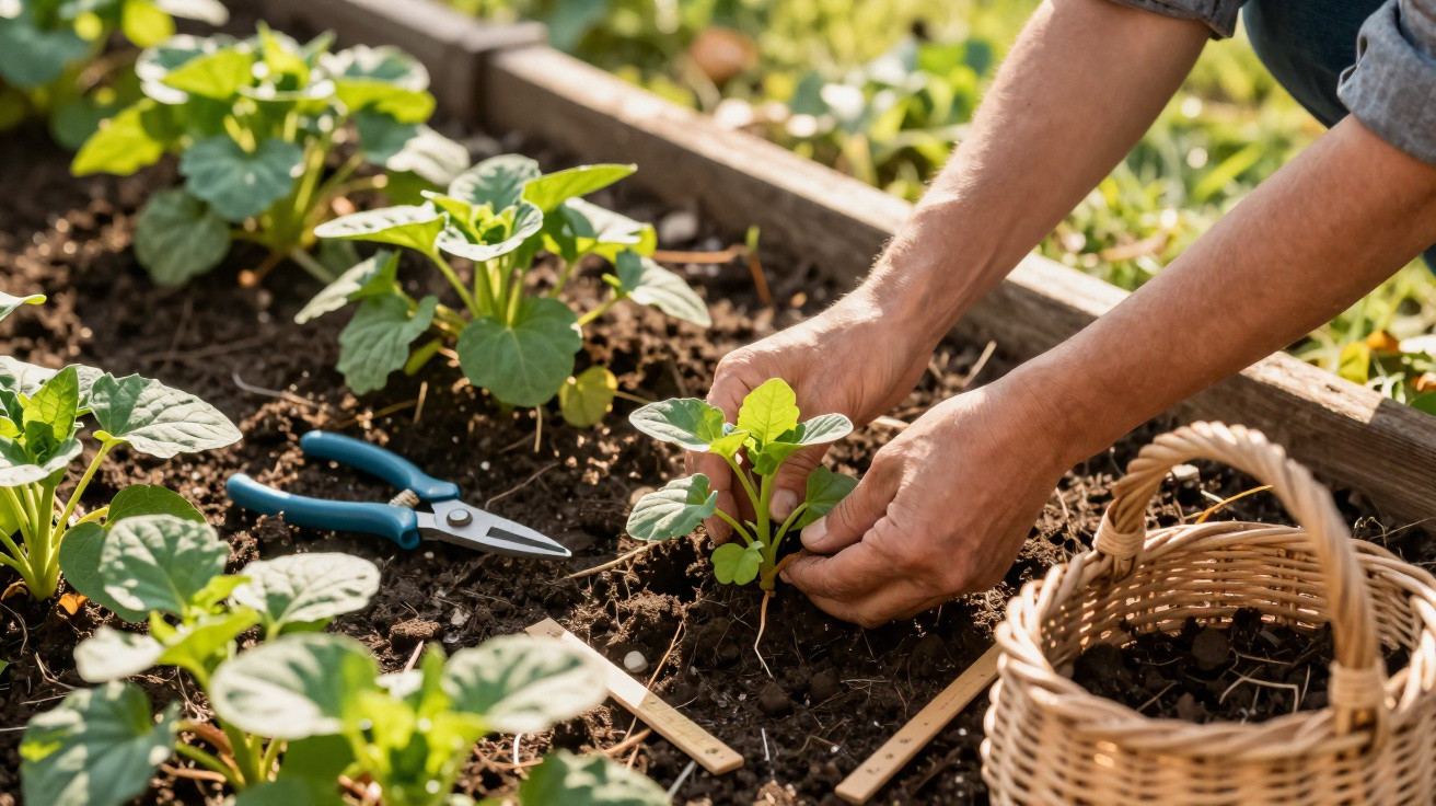 Hands planting young seedlings in a garden bed with gardening tools and a wicker basket nearby.