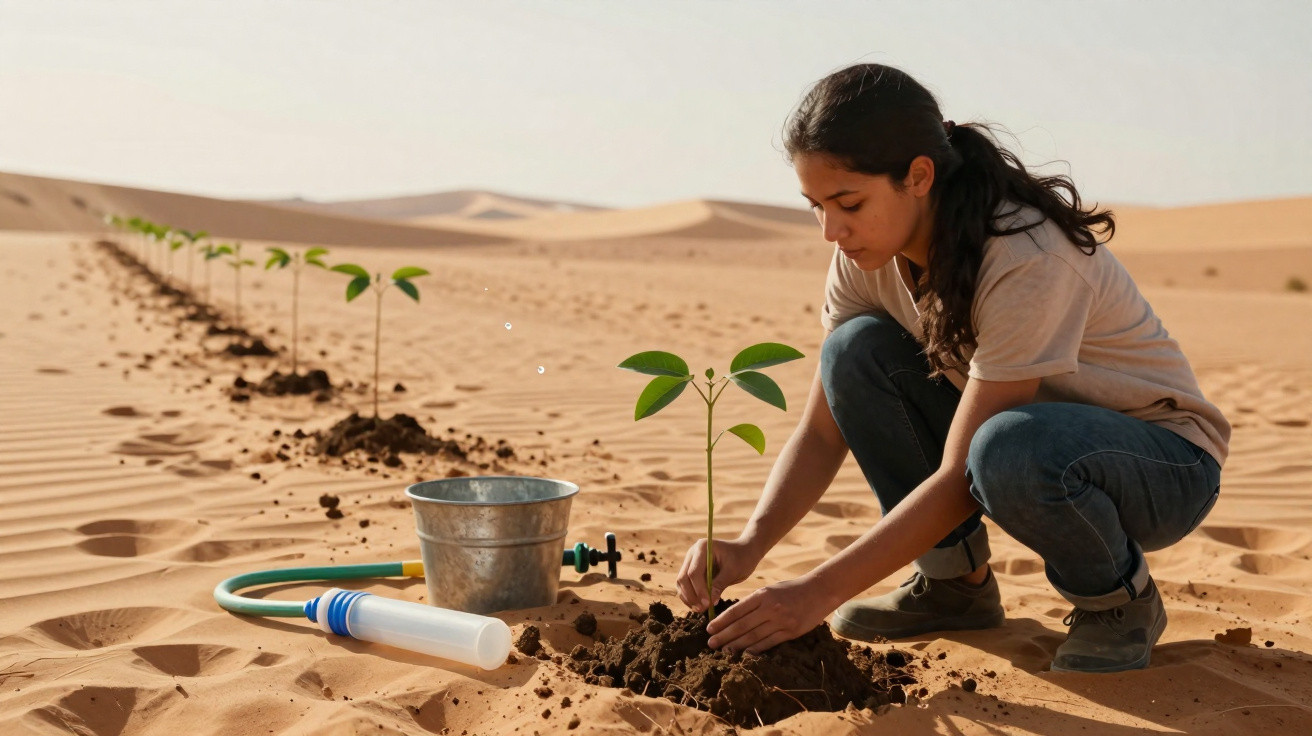 Young woman planting saplings in a desert, with a bucket and watering tool nearby.