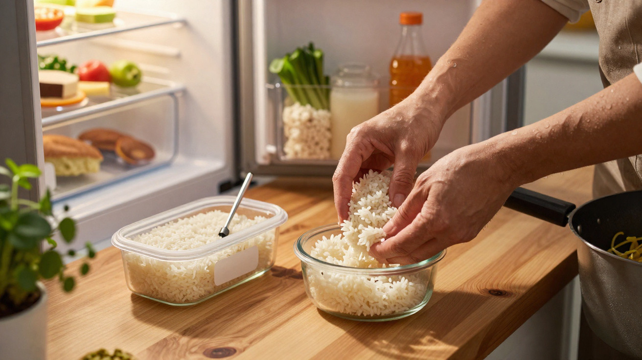 Person scooping cooked rice from a container into a glass bowl on a wooden kitchen counter near an open fridge.