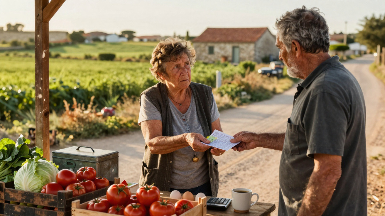 Older woman selling fresh tomatoes and eggs at a rural roadside stand while a man hands over money.