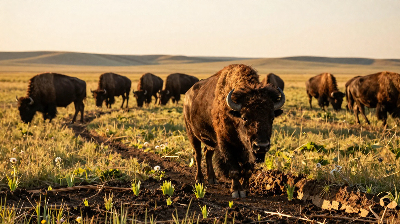 Herd of bison grazing on a grassy plain under a clear sky at sunset.
