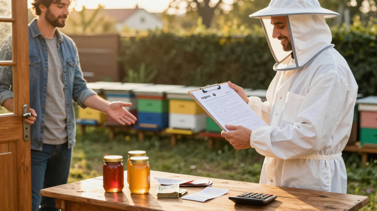 Beekeeper in protective suit reviewing clipboard near table with jars of honey and equipment outdoors