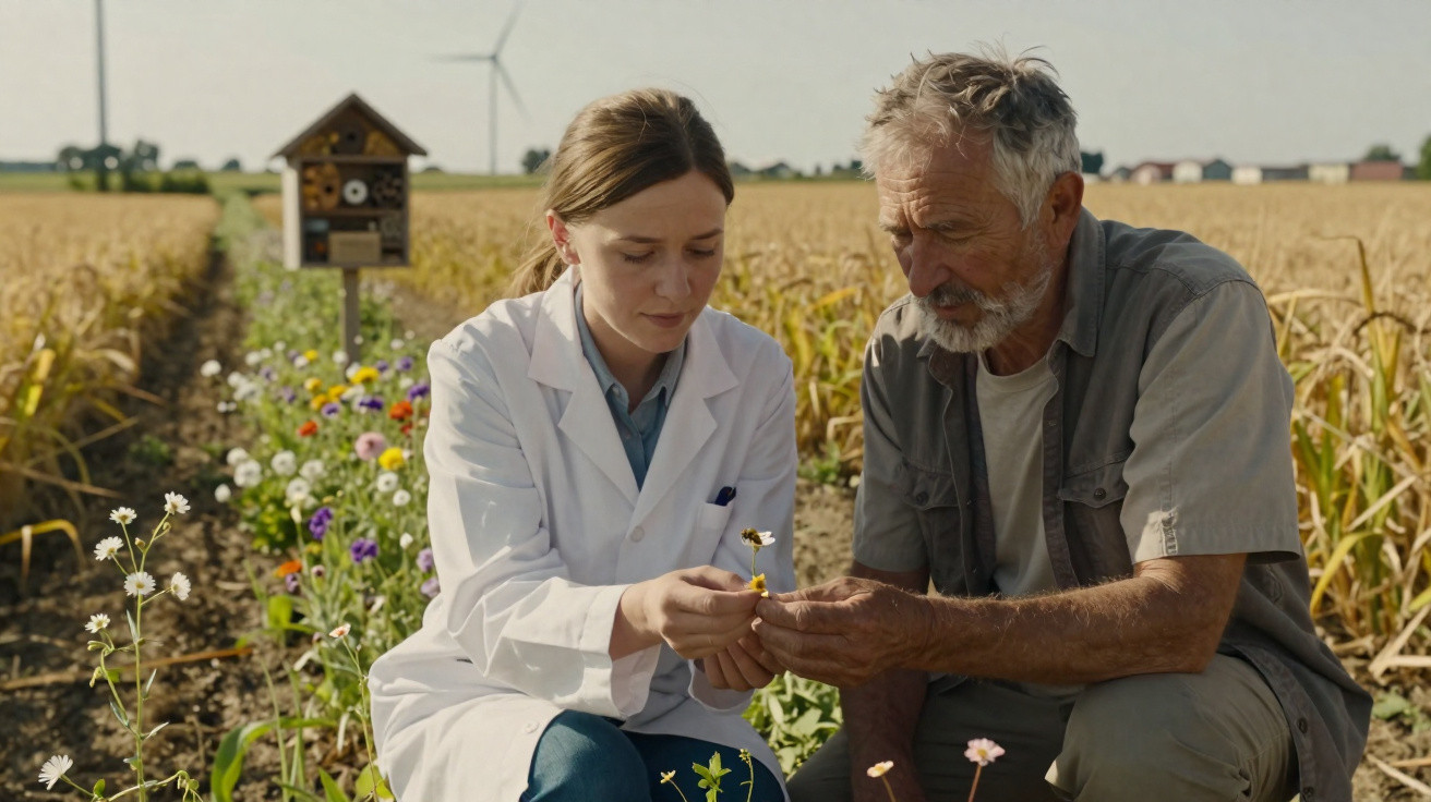 Scientist in a white coat and farmer examining a flower together in a crop field with wind turbines in the background.