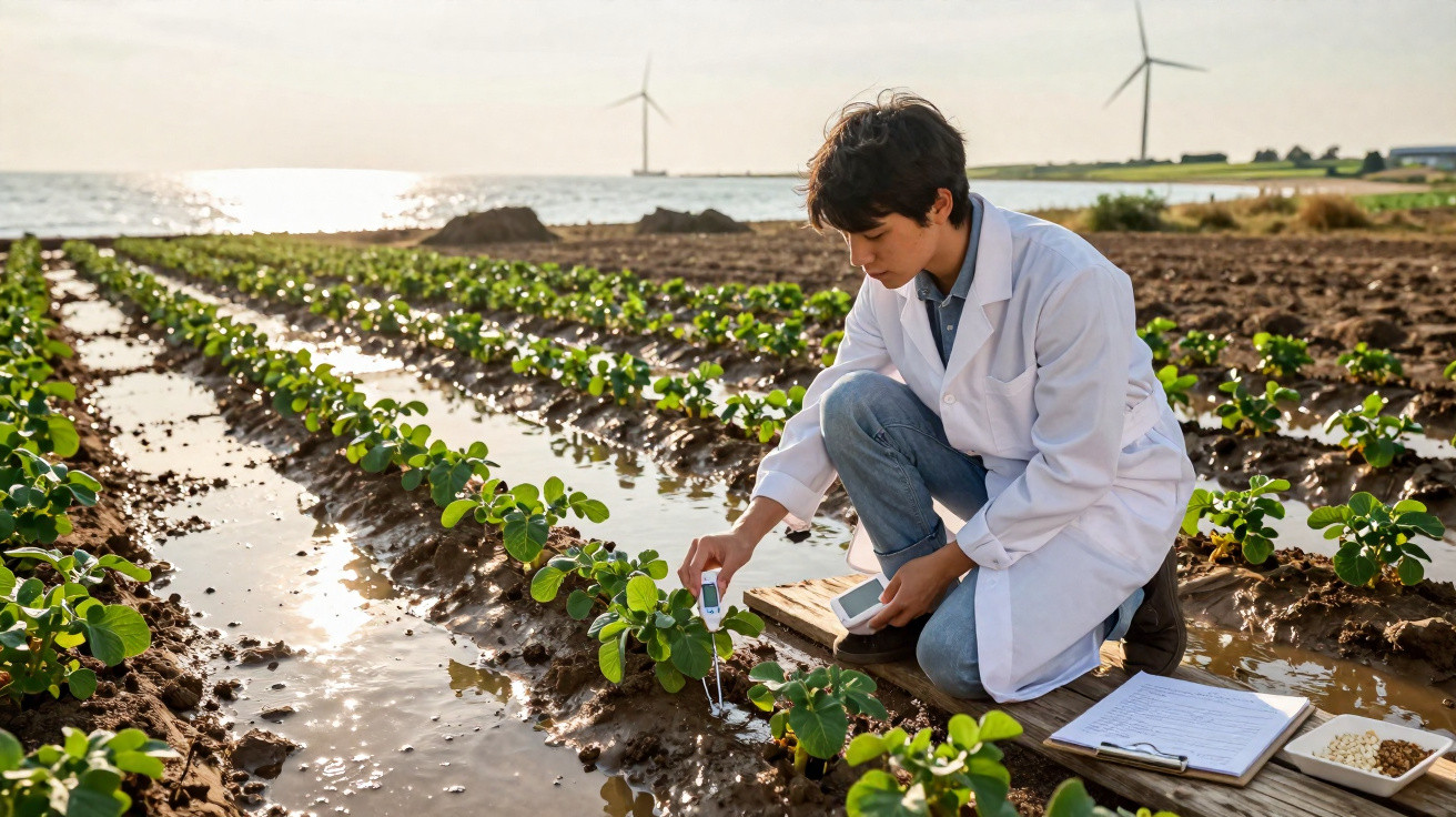 Scientist in white coat testing soil moisture in crop field with wind turbines in background at sunset.