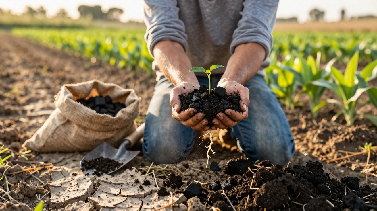 Person holding soil with a small green seedling and roots in a farm field with crops in the background.
