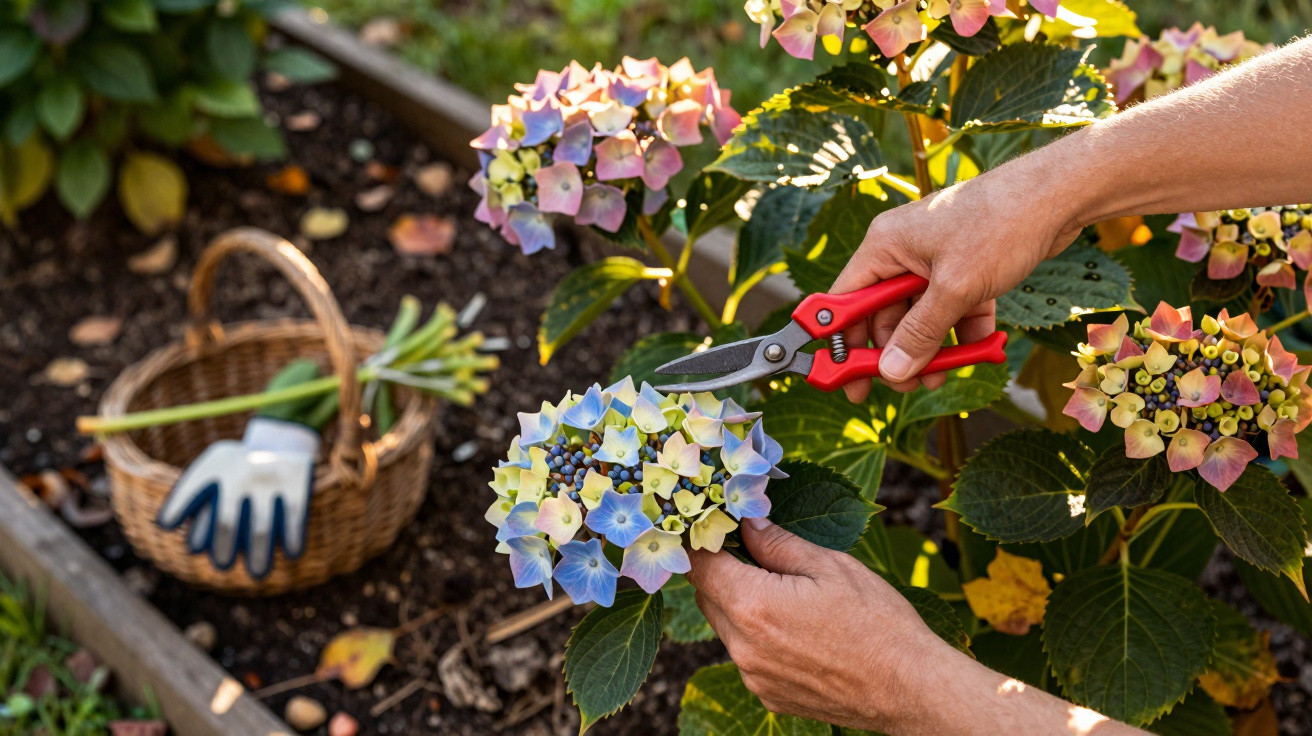 Person pruning blue and pink hydrangea flowers in a garden with gardening tools in a basket nearby.