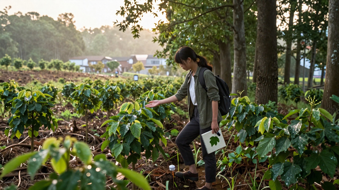 Woman examining young coffee plants in a shaded farm area, holding a notebook with a leaf illustration.