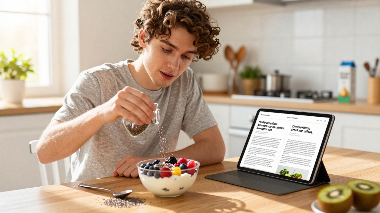 Young man sprinkling seeds on a bowl of yoghurt with berries, tablet displaying recipe on kitchen table.