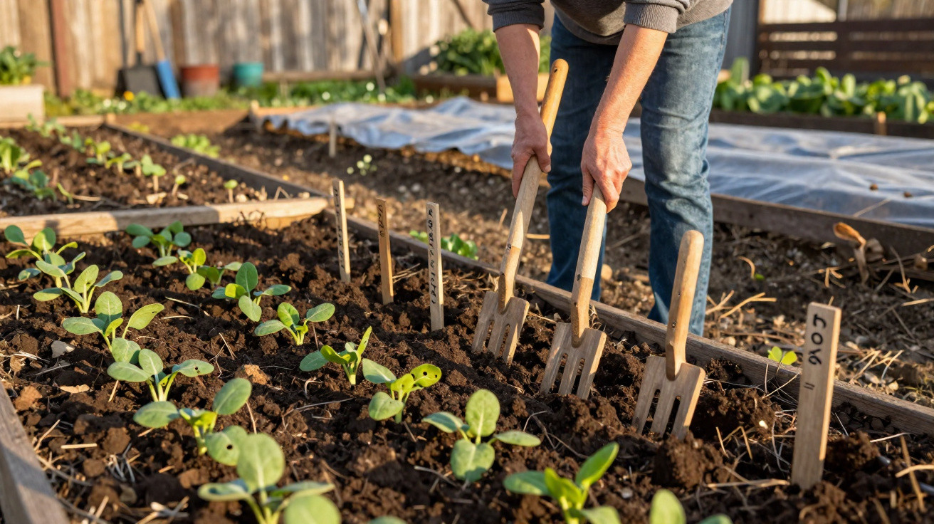 Person using three hand forks to work soil in a garden bed with young green seedlings growing.