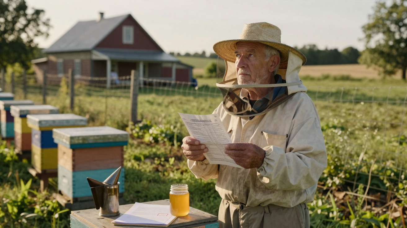 Elderly beekeeper in protective gear holding paper by beehives in a rural garden with a jar of honey.