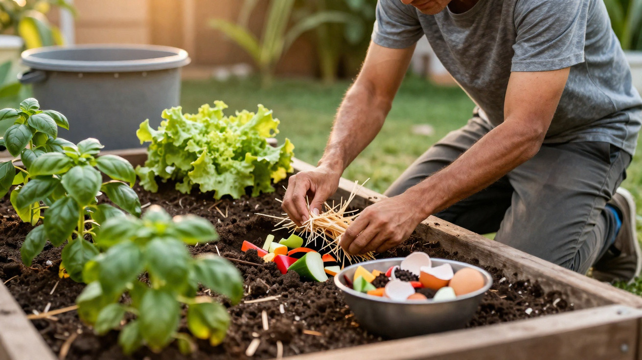 Person planting vegetable and fruit scraps in a garden bed for compost or regrowth.