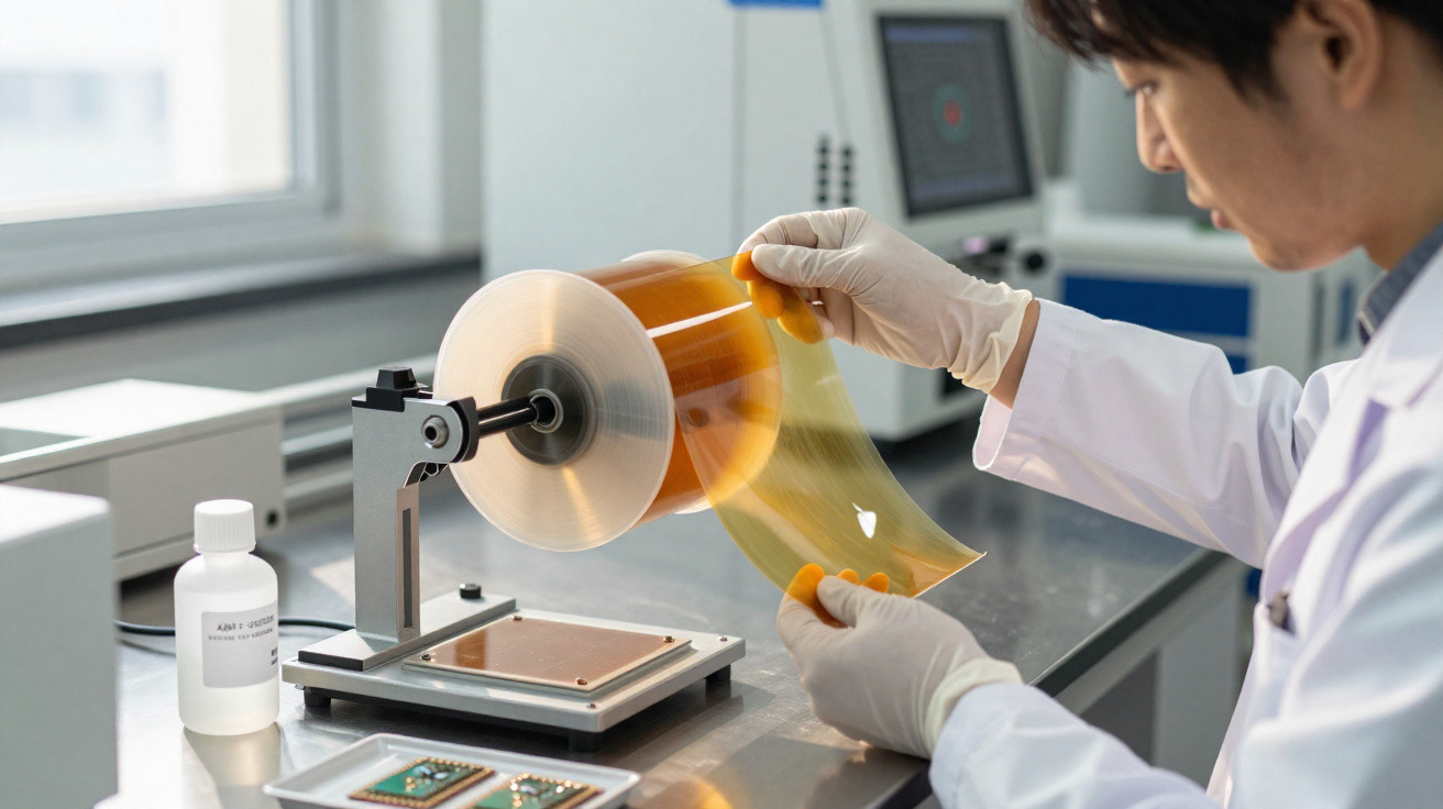 Scientist in lab gloves examining flexible orange electronic film on a spinning device in a laboratory.