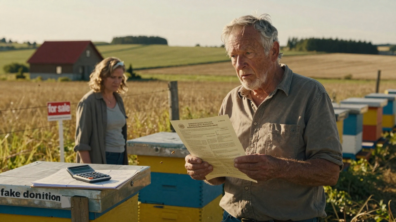 Older man reading a document by beehives with a concerned woman and a for sale sign in the countryside background.
