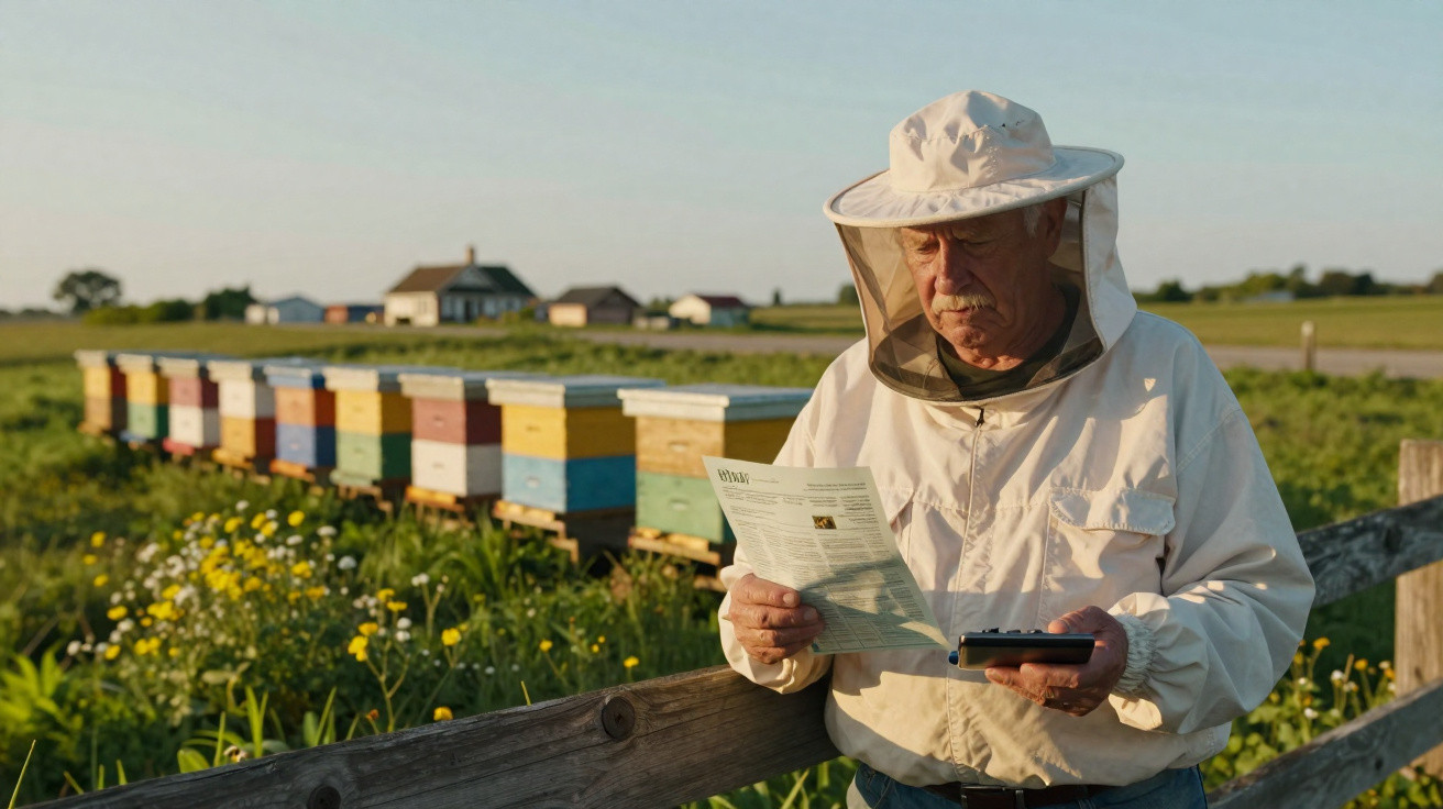 Older beekeeper in protective gear reading a document near colourful beehives in a rural field at sunset