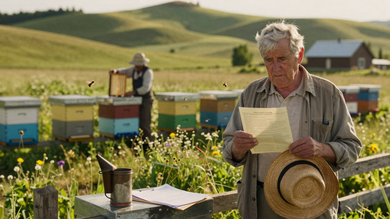 Elderly man holding a paper and hat near bee hives in a meadow with another person working in the background.