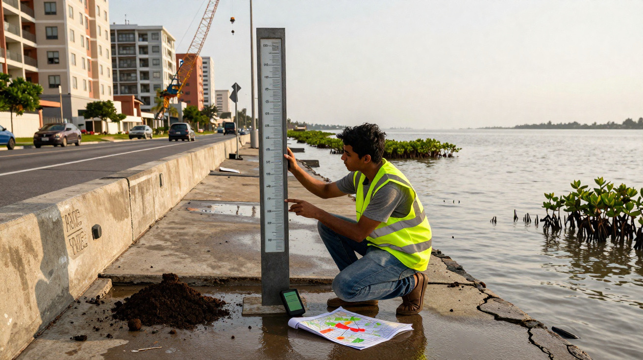Man in high-visibility vest checking water level gauge on waterfront next to urban road and river.
