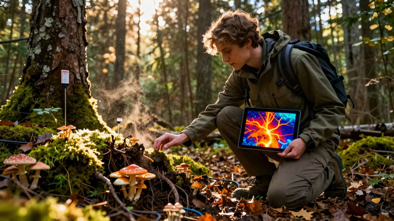 Person in outdoor gear kneeling in forest examining mushrooms while holding a tablet showing a neural network image.