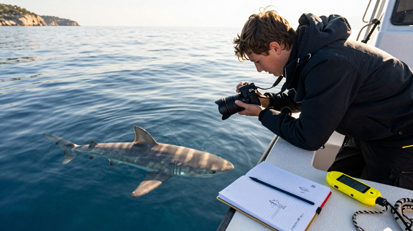 Person on a boat photographing a shark swimming near the surface of calm ocean water with notebook and equipment nearby.