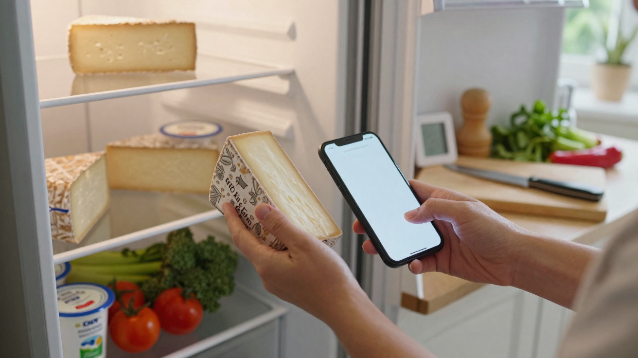 Person holding a block of cheese and a smartphone in front of an open fridge with vegetables and dairy products.