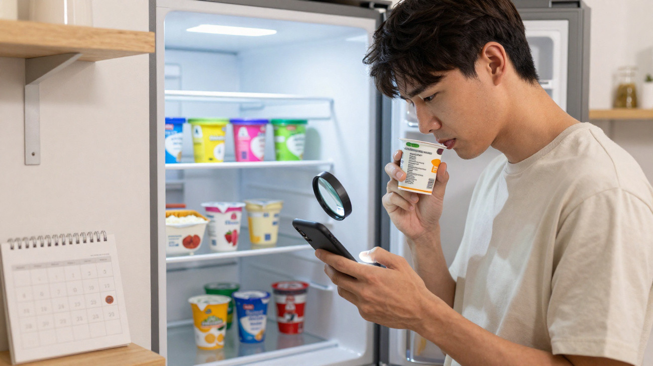 Young man reading food label from a container in front of an open fridge using a magnifying glass and smartphone.