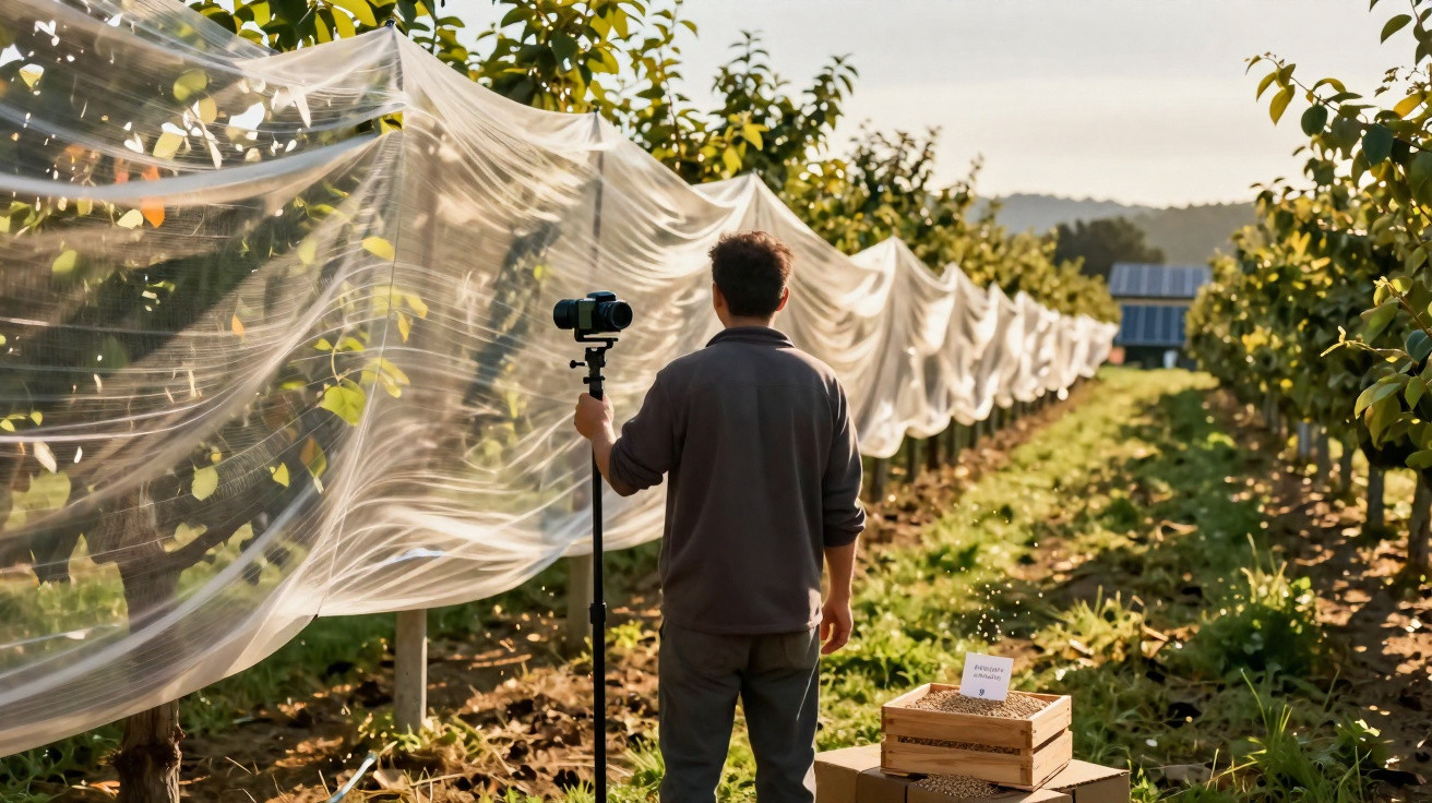 Person filming a vineyard row covered with protective plastic netting on a sunny day.