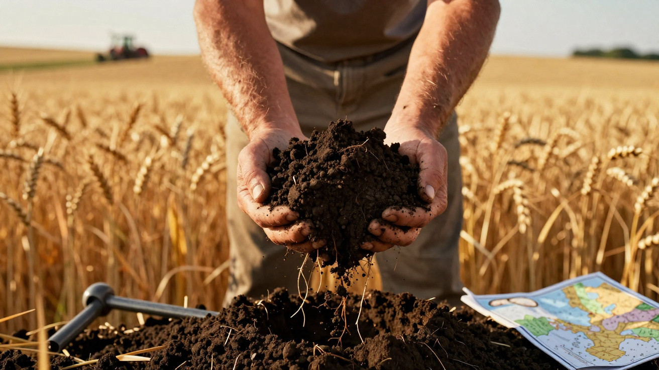 Hands holding rich soil above a freshly dug hole in a wheat field with a soil map nearby.