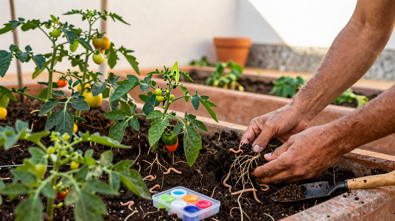Hands planting seedlings in soil with visible earthworms and a small paint palette nearby in a garden bed.
