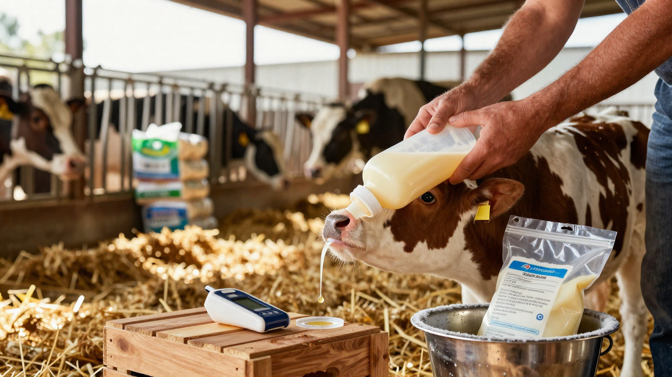 A person bottle-feeding a calf inside a barn with other cows in the background.