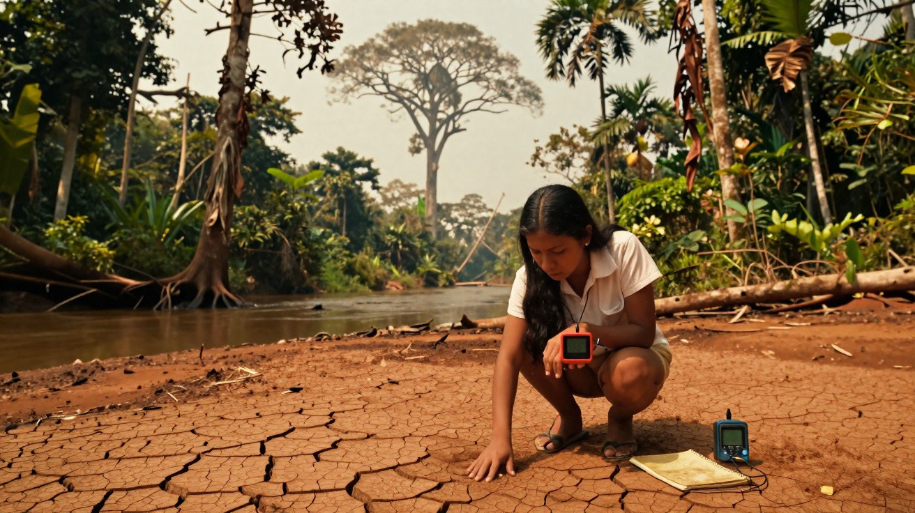 Young girl kneeling on cracked dry earth by a river in a tropical forest, holding a small device.