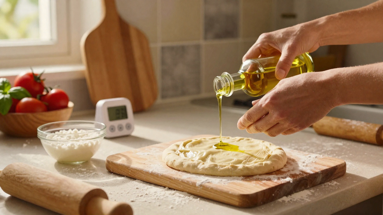 Hands pouring olive oil onto pizza dough on a wooden board with flour, timer, tomatoes, and rolling pin nearby.