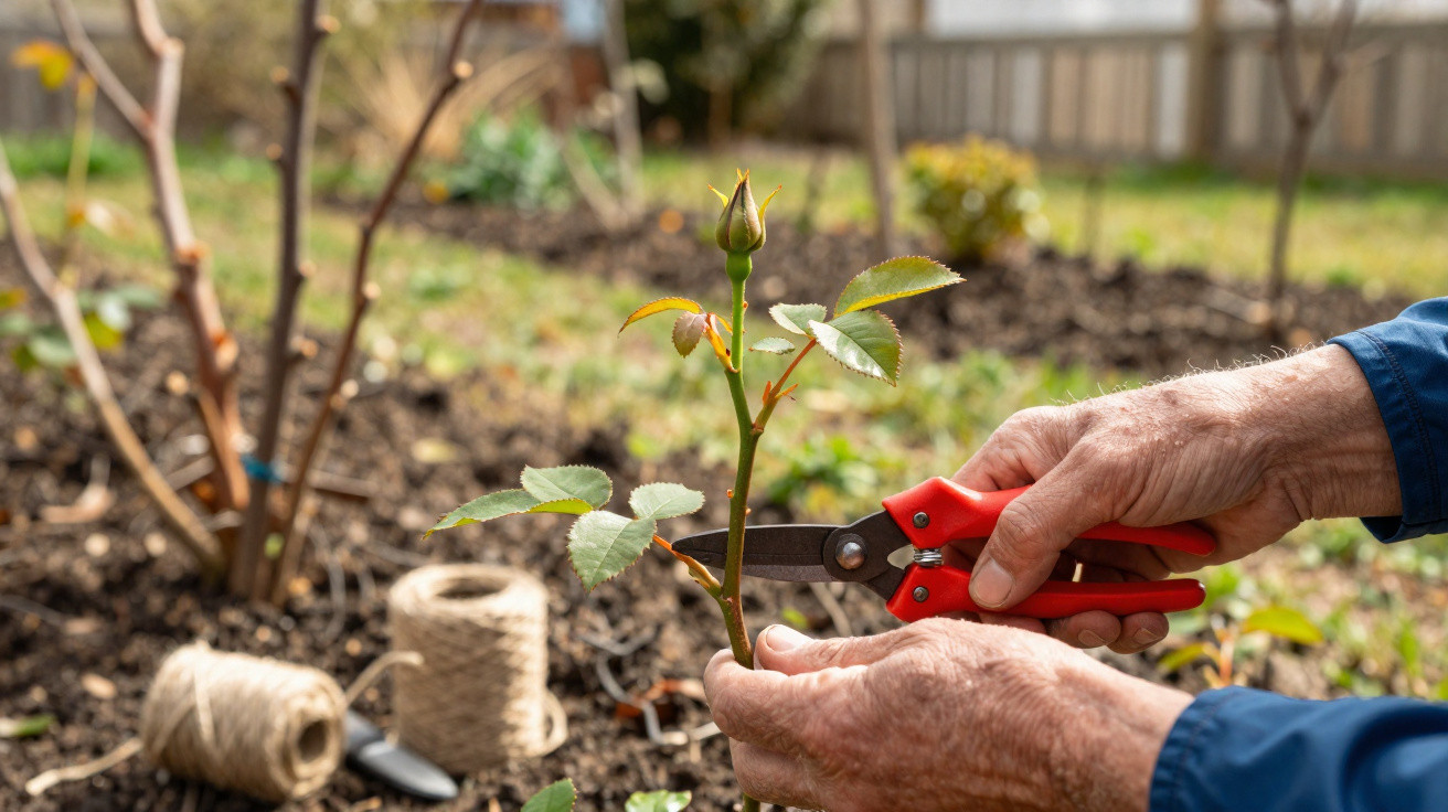 Hands holding red pruning shears cutting a rose stem in a garden with gardening twine in the background.