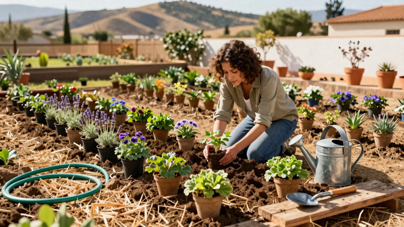 Woman gardening outdoors planting flowers in soil with pots, watering can, and gardening tools nearby.
