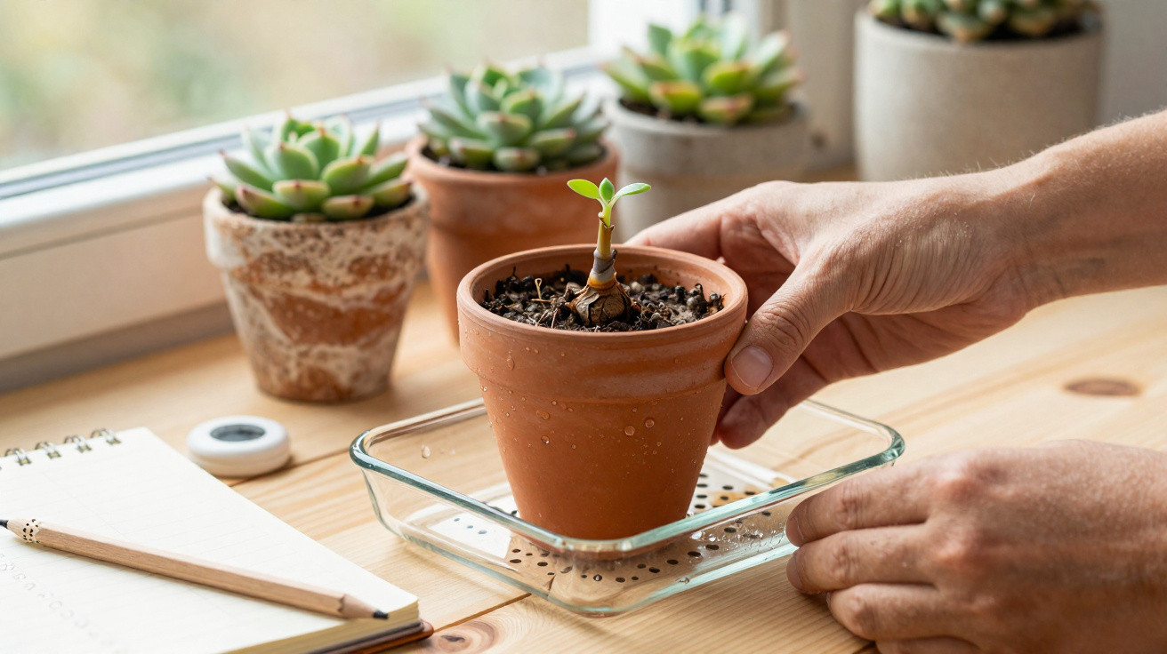 Hands placing a small potted succulent on a glass tray on a wooden table near a window with other plants nearby.