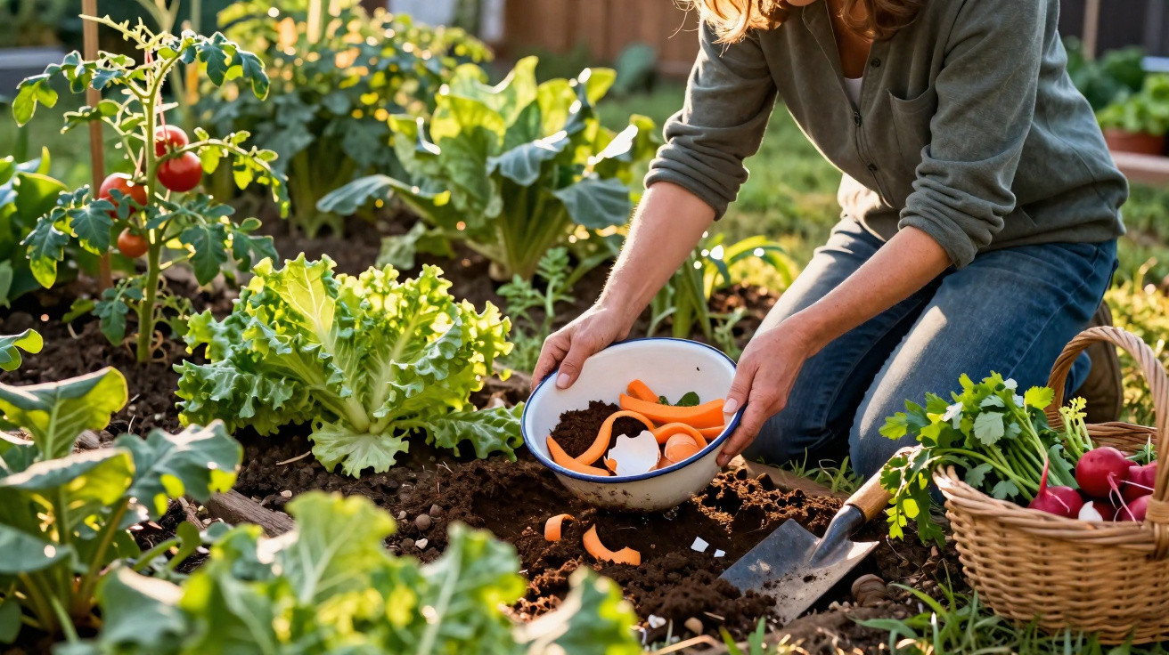 Person composting vegetable scraps in a home vegetable garden surrounded by leafy greens and a basket of radishes.