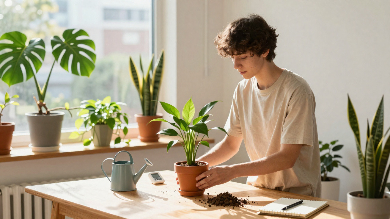 Young man repotting a houseplant on a wooden table with gardening tools and notebooks nearby in a bright room.