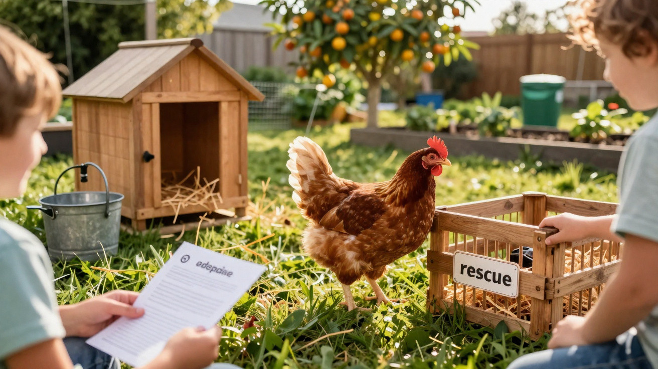 Two children with a chicken near a wooden coop and rescue cage in a sunny garden.