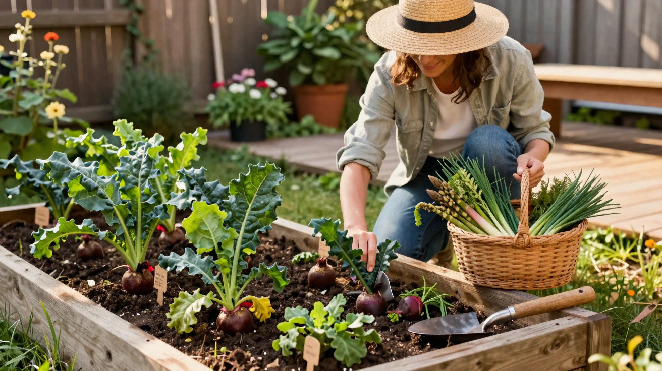 Woman in a straw hat harvesting vegetables from a raised garden bed in a sunny backyard garden.