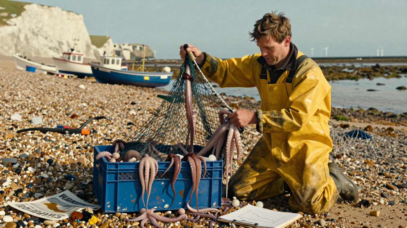 Fisherman in yellow waterproofs kneeling on a pebble beach with octopuses in blue crate and fishing boats in background.