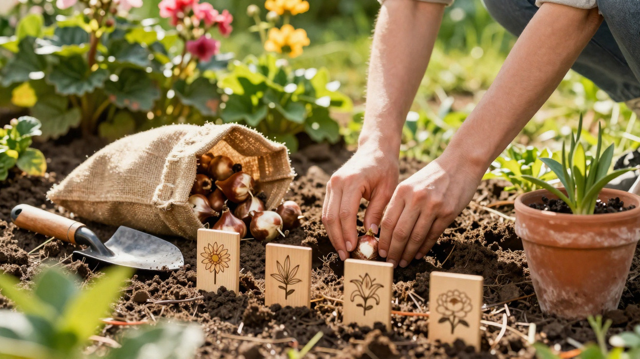 Person planting flower bulbs in soil with planting markers, garden trowel, and potted plant nearby