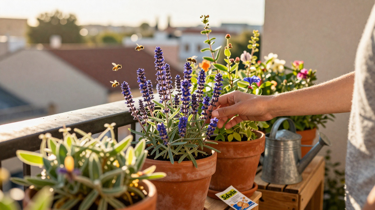Hand tending to lavender flowers in terracotta pots on a sunlit balcony with bees flying nearby.