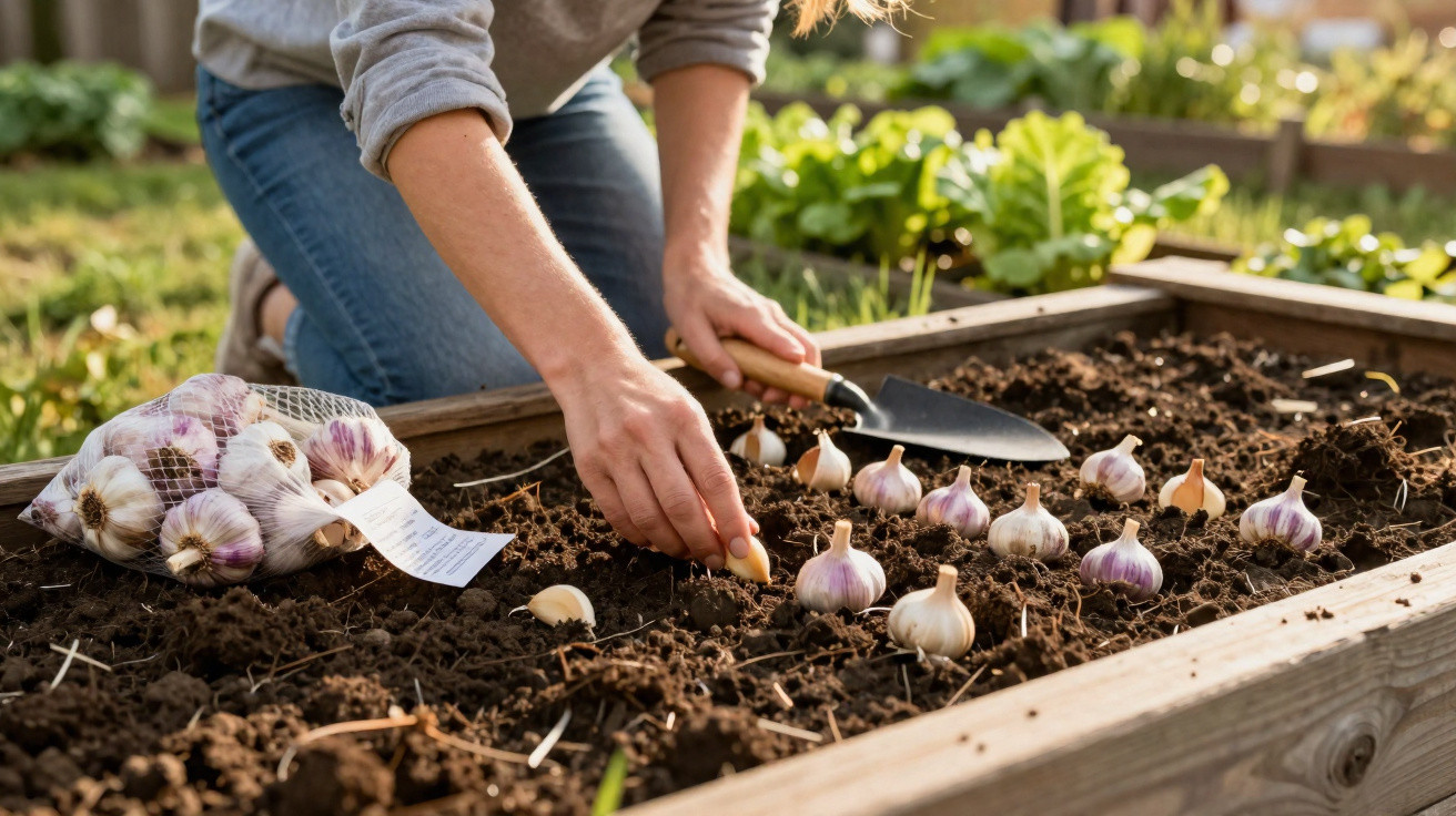 Person planting garlic cloves in a raised garden bed with soil and gardening tool nearby.