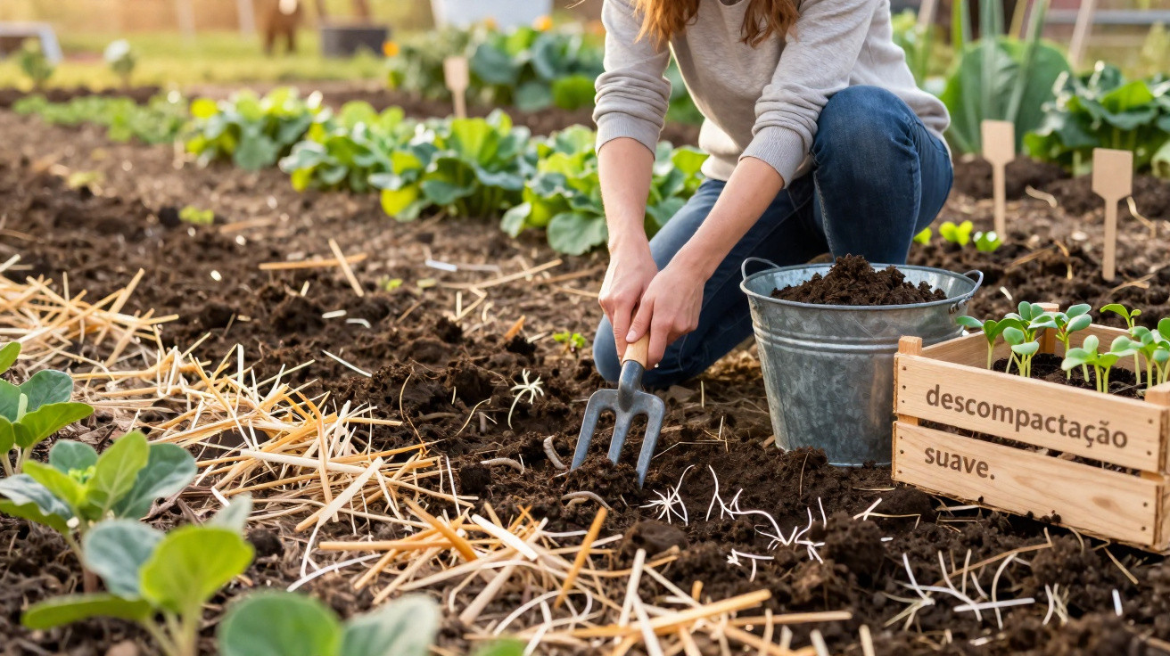 Person kneeling and using a hand fork to cultivate soil in a vegetable garden with seedlings and straw mulch.