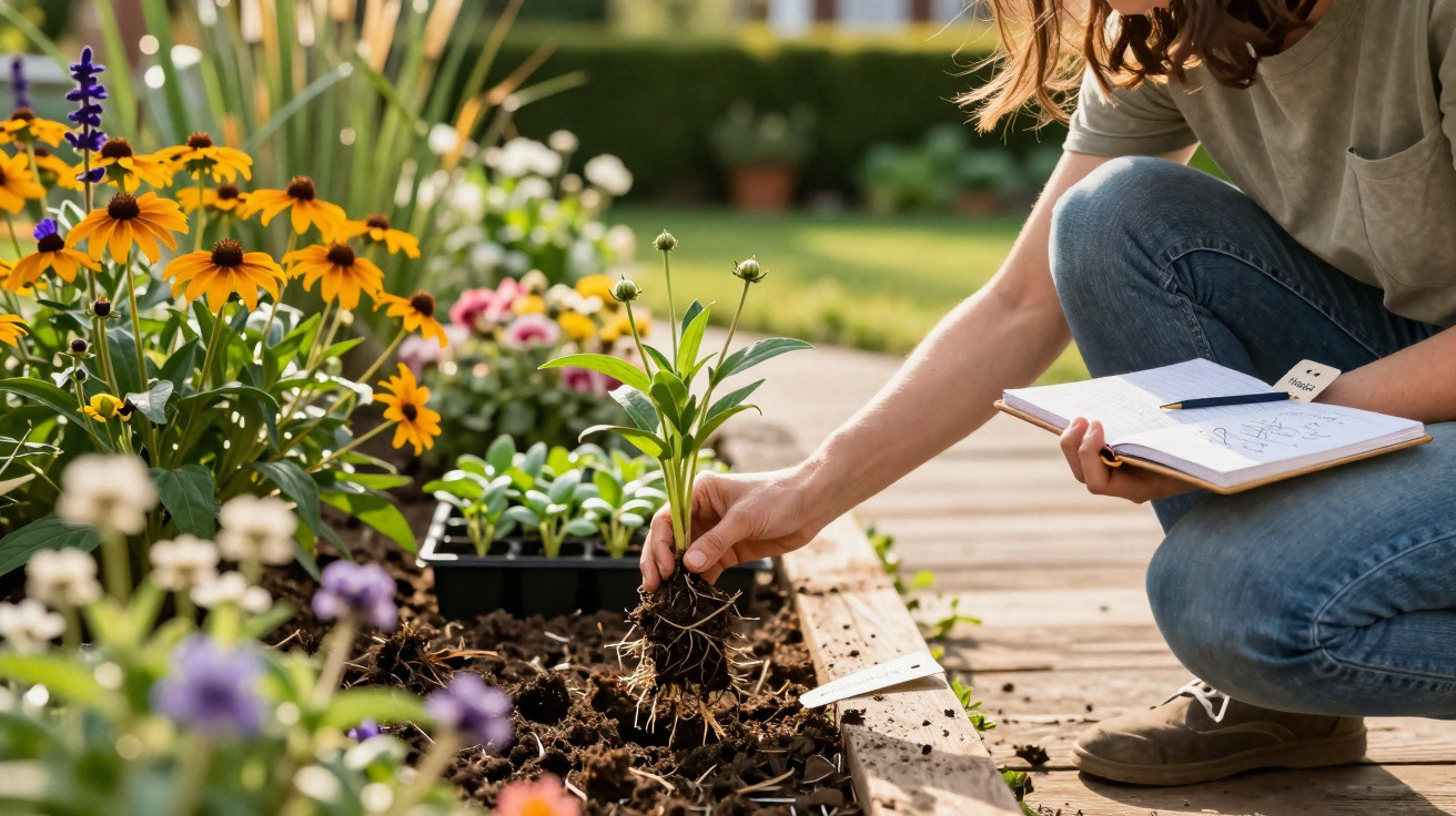 Person planting a young flower in a garden bed while holding a notebook and pen.