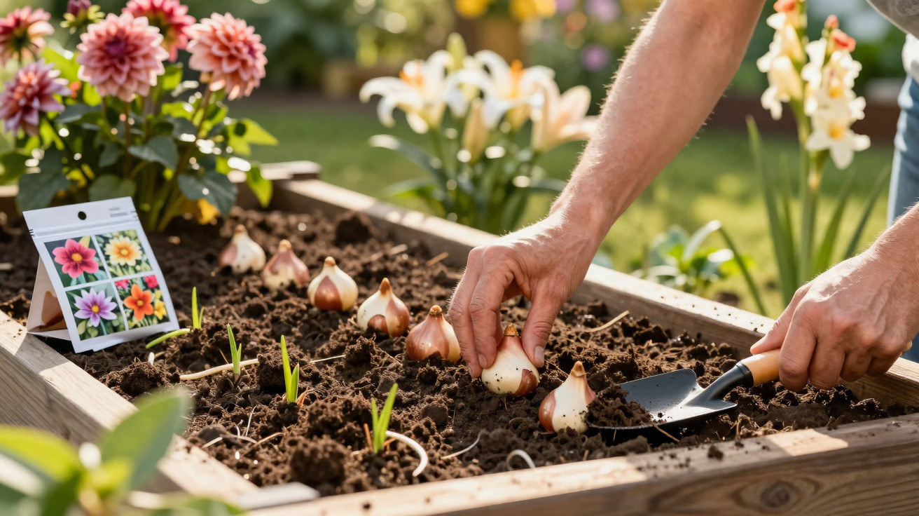 Hands planting flower bulbs in soil within a raised garden bed on a sunny day.