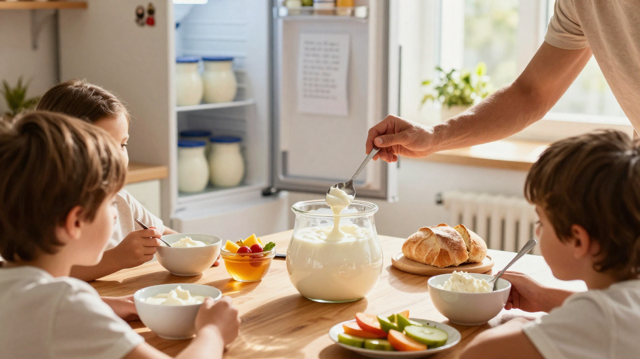 Children sitting at a table having breakfast with yogurt, fruit bowls, and bread in a bright kitchen.