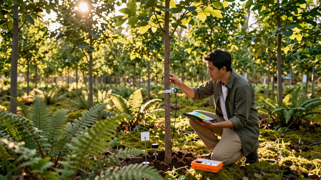 Man inspecting tree trunk with a digital device in a sunlit forest surrounded by ferns and moss.