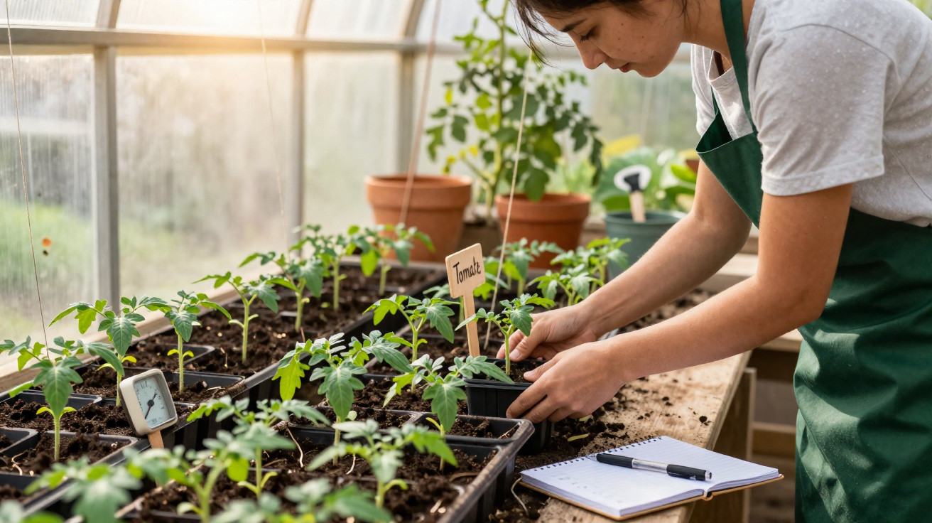 Person in green apron planting tomato seedlings inside a greenhouse with a notebook and pen nearby.